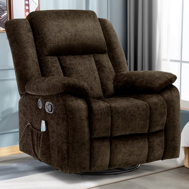 Korser Massage Swivel Rocker Recliner Chair with USB Ports Chenille for Living Room,Brown