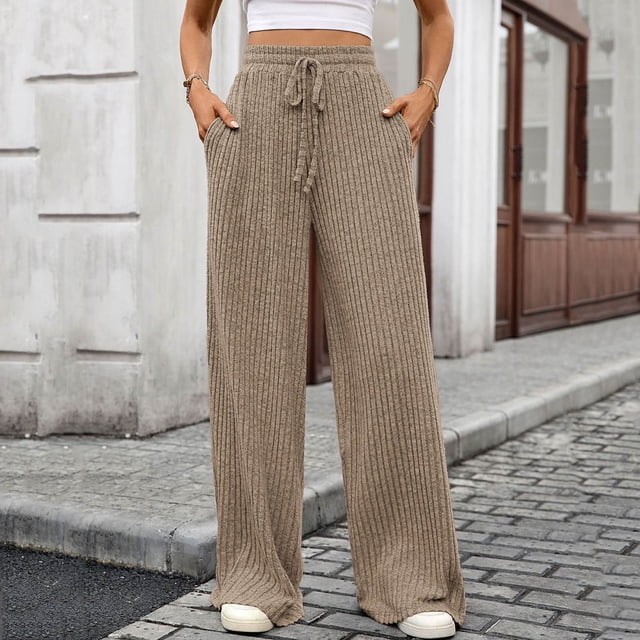 Ailaofu Womens Ribbed Wide Leg Lounge Pants with Pockets Casual Relaxed Comfy Loose Soft Knit Pajama Pants with Drawstring
