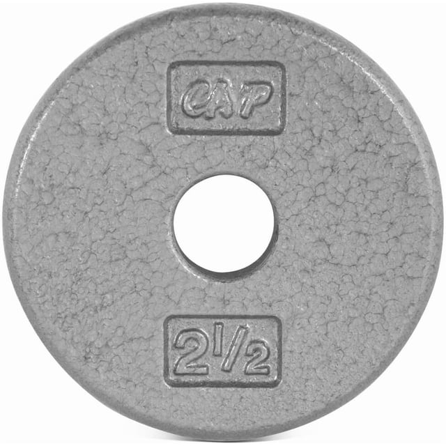 CAP Barbell Standard 1-Inch Cast Iron Weight Plate, 2.5 lb, Single, Grey, front-facing view of a round cast iron weight plate with a 1-inch center hole, textured grey baked enamel finish, embossed CAP logo and '2 1/2' weight marking, designed for standard 1-inch bars in strength training.