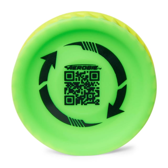Aerobie Pro Lite Mini Disc in green and yellow, viewed from above showing a QR code and black recycling arrows on its flexible, waterproof surface, designed for outdoor play, flying disc games, and backyard fun.
