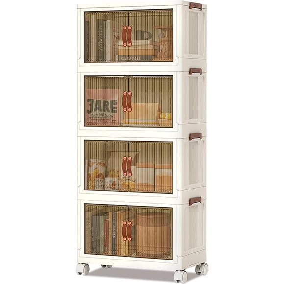 Stackable 4-Layer Storage Boxes, Plastic Storage Cabinet Capacity, with Door and Wheels for Storing Food, Toys in the Bedroom and Living Room - 65 x 42 x 145.5 cm