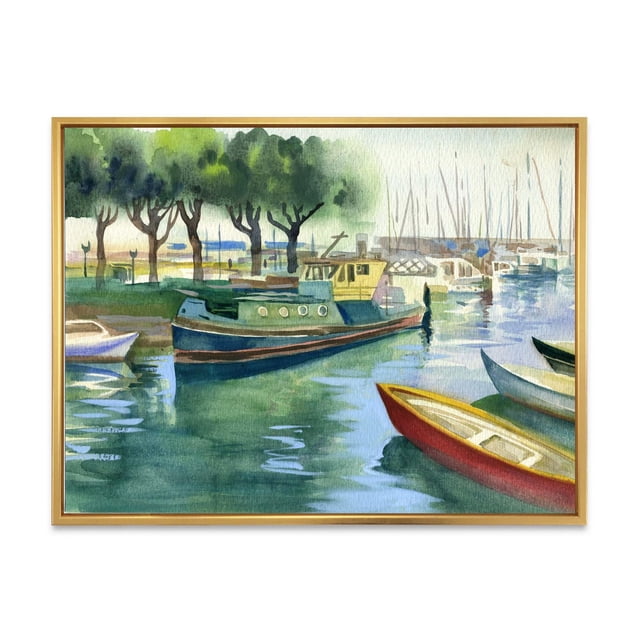 Designart Bateaux dans un Cadre Flottant de Printemps Vert ART Mural Représentant une Peinture Aquarelle Traditionnelle de Bateaux Amarrés dans une marina avec des Arbres Verts le Long du Rivage, avec un Bateau Jaune et Vert au Premier Plan et des Bateaux Plus Petits Se Réfléchissant dans des Eaux Calmes, Imprimée sur Toile de Coton de Qualité Supérieure et Enveloppée dans une Galerie sur un Cadre Flottant en Bois de 1 Po, Prête à Accrocher.