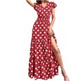 thumbnail image 2 of Pisexur Robe à Manches Courtes Col en V Mode Été Robe à Manches Courtes Col en V Imprimé à Pois Taille Élastique Fendue Longue Robe Femme en Solde, 2 of 7