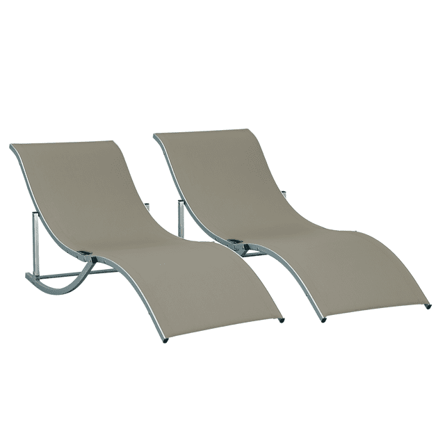 Outsunny Chaises Longues d'Extérieur Pliables en Forme de S - Ensemble de 2, Gris Pâle. Parfaites pour la Détente en Plein Air, Ces Chaises de patio Ergonomiques Présentent un design Moderne en Forme de S avec un Tissu Maillé Gris Pâle Respirant et un Cadre en Aluminium durable Argent-Blanc. Légères et Pliables pour un Rangement Facile, Elles Sont Idéales pour Se Détendre au Bord de la Piscine Ou s'Asseoir au Jardin. Dimensions : 65 Pouces de long, 24 Pouces de Large et 24,75 Pouces de Haut. Capacité de Charge : 264 Lb.
