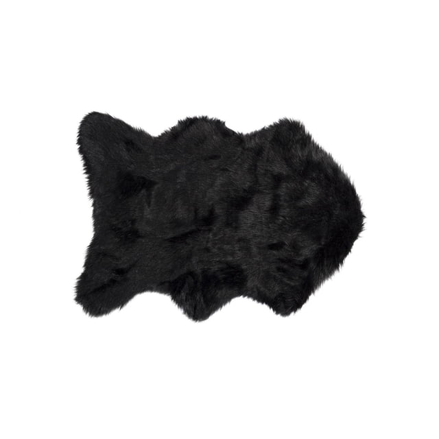 H-Luxe 2'X3' Gordon Faux Sheepskin Rug in black with a natural sheepskin shape and plush, thick faux fur texture, shown flat on a white background. This area rug features a soft, inviting pile ideal for adding warmth and comfort to indoor spaces, often used as a decorative accent or cozy seat cover.