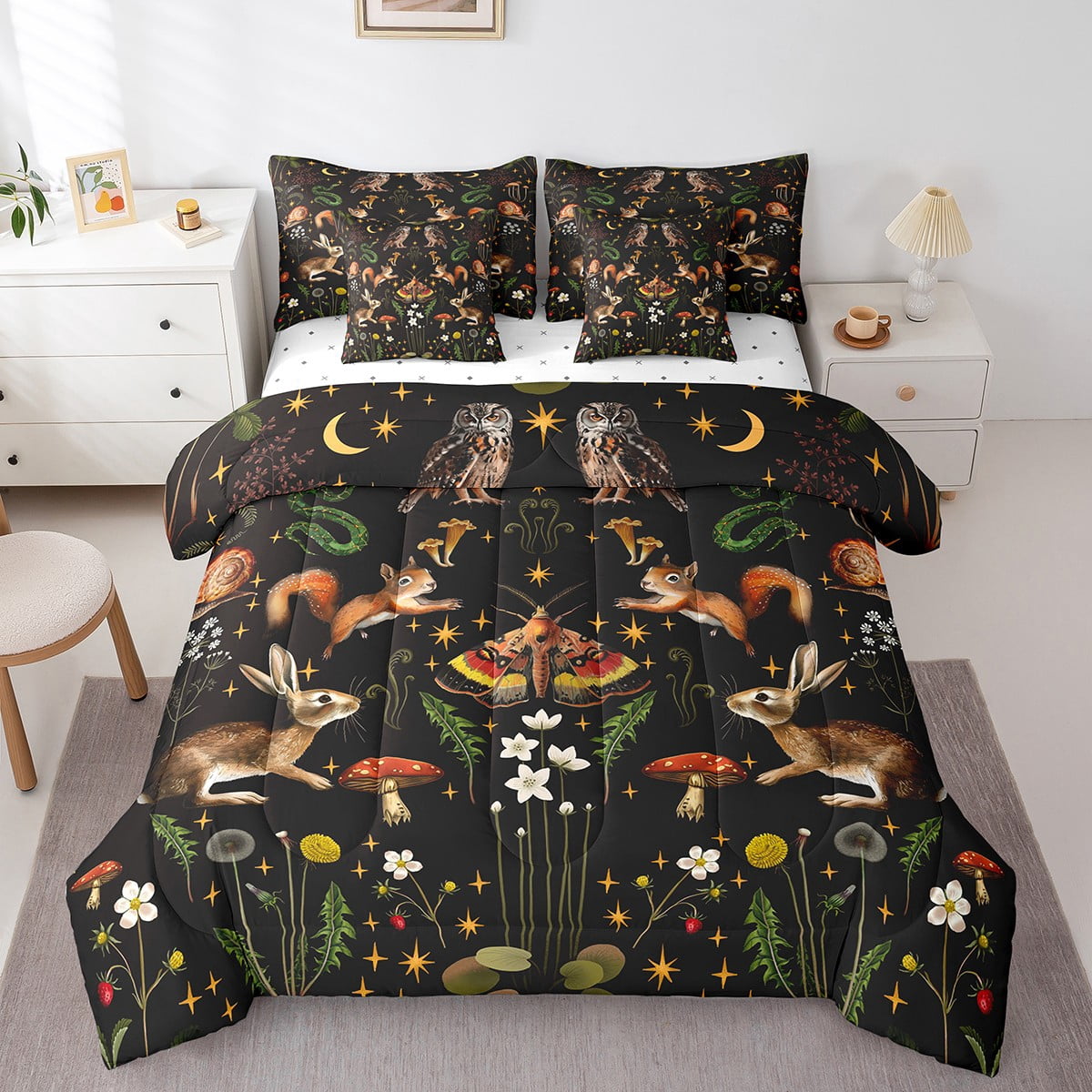 YST Woodland Animal 7-Piece Comforter Set, Mushroom Botanical Floral Bedding, Full