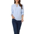 thumbnail image 1 of INSPIRE CHIC Women's Dressy Shirt Work Office Top Keyhole Pleated Front Ruched 3/4 Sleeve Chiffon Blouse S Light Blue, 1 of 6