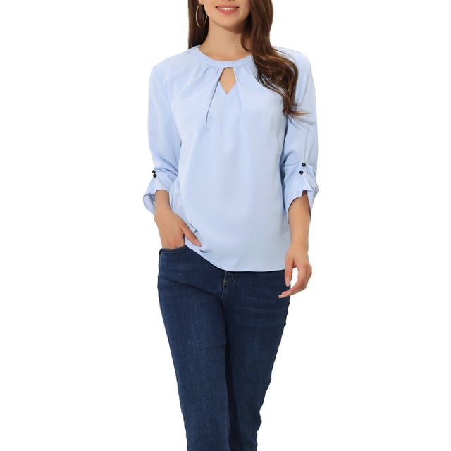 INSPIRE CHIC Women's Dressy Shirt Work Office Top Keyhole Pleated Front Ruched 3/4 Sleeve Chiffon Blouse S Light Blue