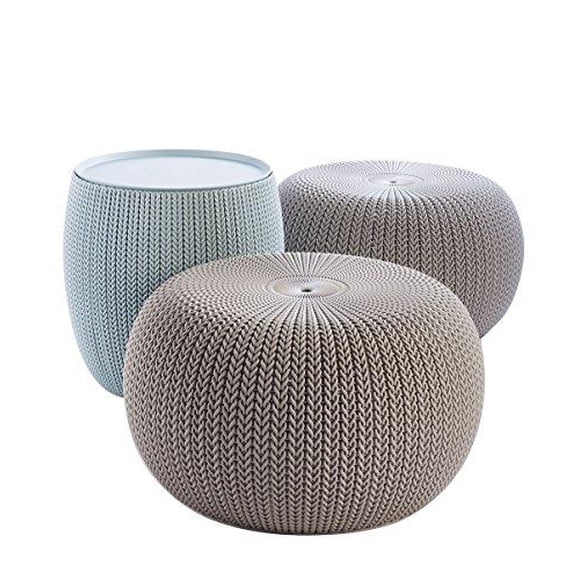 Keter 3-Piece Cozy Urban Knit Furniture Set, Compact Indoor/Outdoor Table and 2 Seating Poufs
