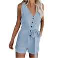 thumbnail image 1 of biudgviw Women's Plus Size Rompers Summer Casual V Neck Button down Belted Sleeveless Jumpsuits Loose Short Overalls with Pockets, 1 of 6