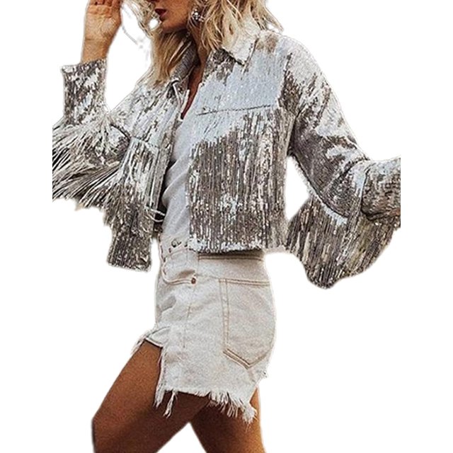 LinYooLi Veste à Paillettes à Franges pour Femmes, Manches Longues, Rétro, Réfléchissante