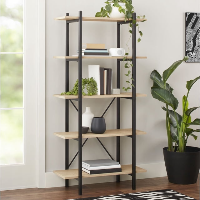 Hometrends 63 Pouces Conrad Bibliothèque à 5 Tablettes avec Cadre en Acier Noir Enduit de Poudre et Cinq Tablettes en Bois d'Ingénierie à Fini Grain de Bois Clair, Convient pour Exposer des Livres, des Plantes et de la Déco au Bureau Ou dans des Espaces de Vie au style Moderne avec Rangement Ouvert.