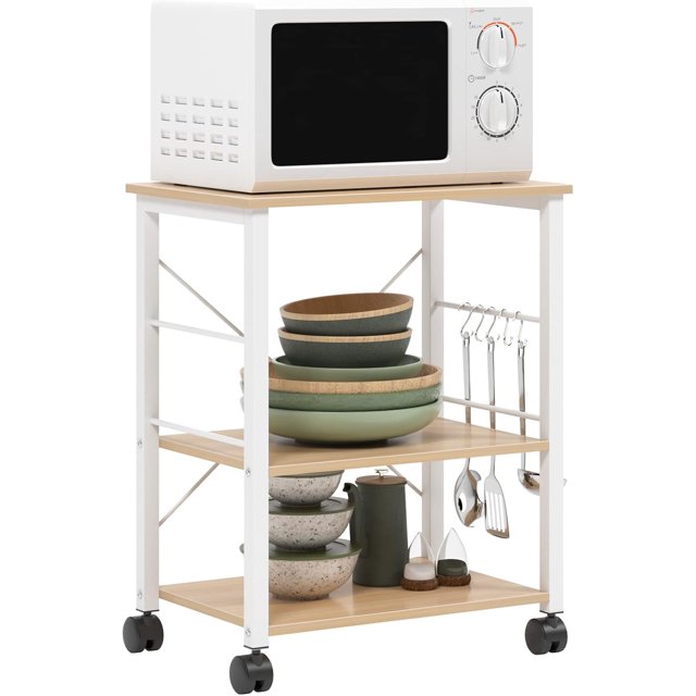 SOGES 3-Tier Kitchen Baker's Rack Utility Microwave Oven Stand Kitchen Cart Island Oak with three spacious shelves for storage, a durable laminated wood panel in oak finish, and a white powder-coated metal frame. Features five hooks for utensils, lockable rolling casters for mobility, and an adjustable middle shelf. Ideal for kitchen storage, baker's rack use, or as a microwave stand.