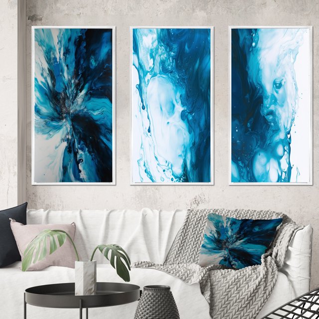 Designart "Blue Onyx Marble Essence" Abstract Framed Wall Art Set Of 3 - Teal Abstract Frame Gallery Wall Set For Home Decor