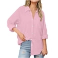 thumbnail image 1 of Womens Cotton Linen Button Down Shirts Boyfriend Long Sleeve Oversized Lapel Blouses Tops with Chest Pocket, 1 of 6