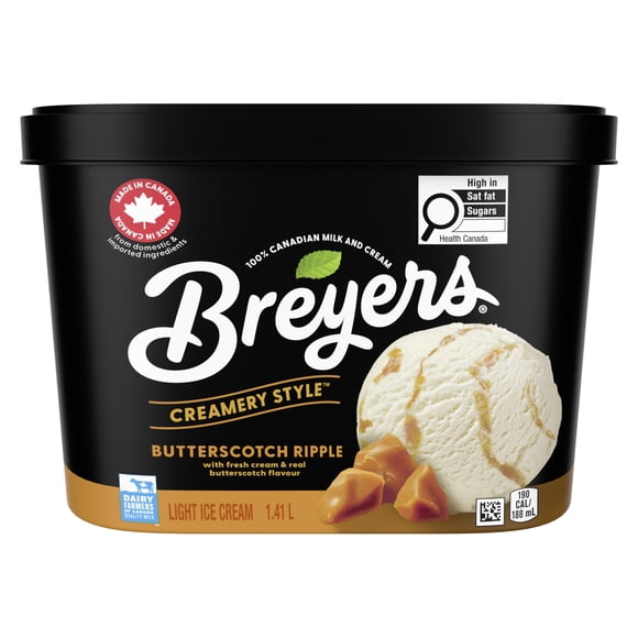 Breyers Creamery Style Light Ice Cream gluten-free Butterscotch Ripple made in Canada from domestic and imported ingredients 1.41 LT, 1.41 L