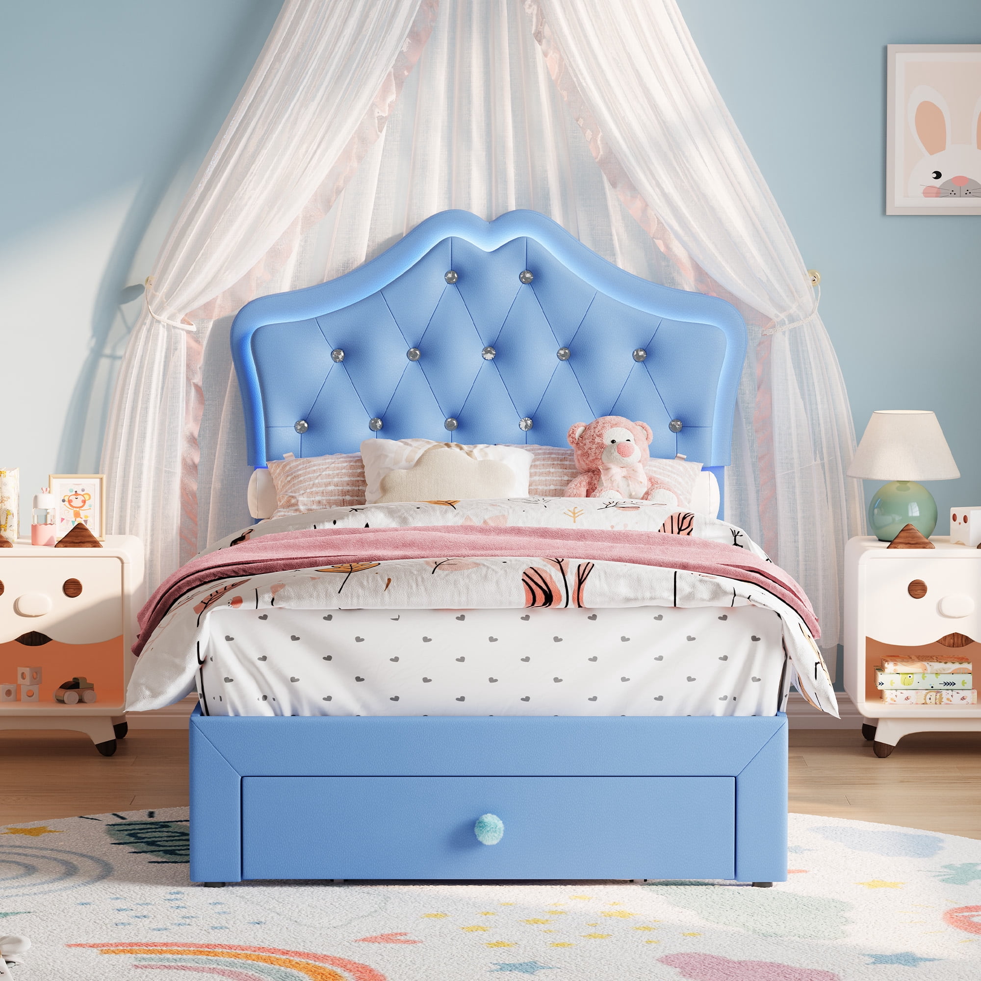 EDTara Twin Size Princess Bed Frame with Storage Drawers & LED Lights, Velvet Upholstered Platform Bed with Crystal Buttons, No Box Spring Needed, Noise-Free Kids Bed