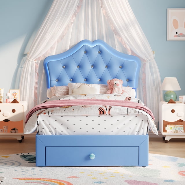 EDTara Twin Size Princess Bed Frame with Storage Drawers & LED Lights, Velvet Upholstered Platform Bed with Crystal Buttons, No Box Spring Needed, Noise-Free Kids Bed
