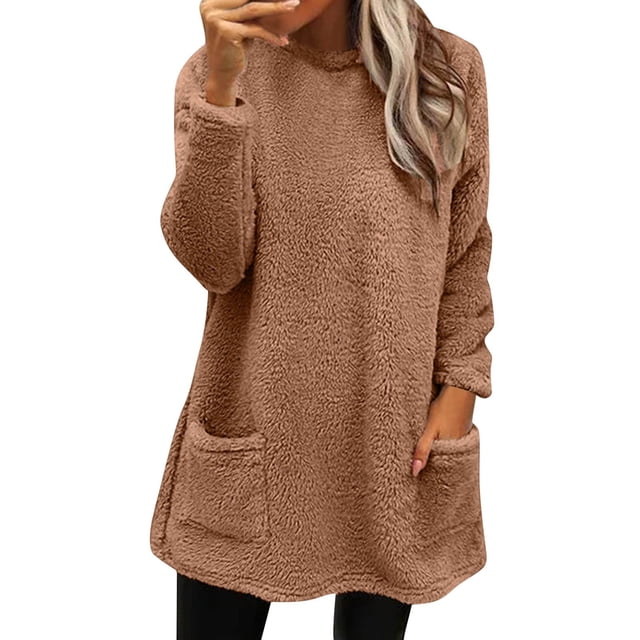 SNKSDGM Chandails d'Halloween pour Femmes Grande Taille Chandail à Col Rond pour Femmes Chandail Uni d'Automne et d'Hiver Chaud à Col Rond à Manches Longues avec Poche Robe Sanitaire Décontractée TTG