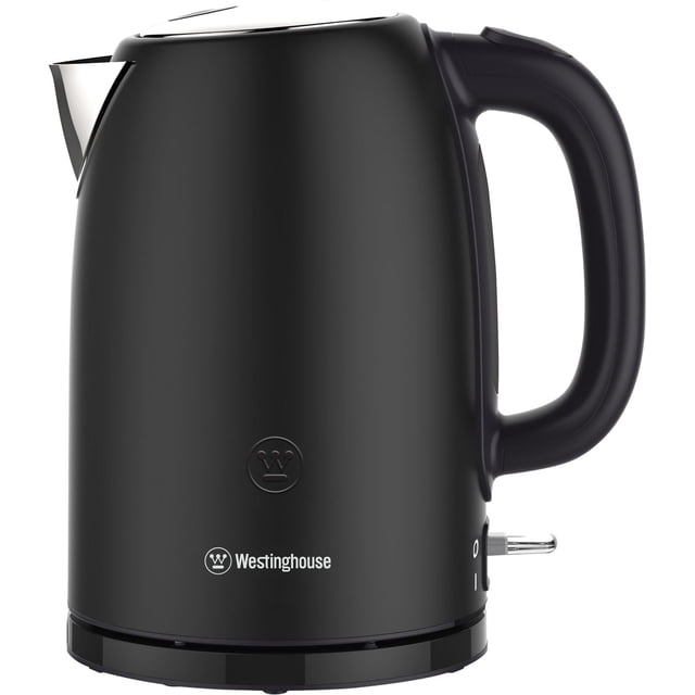 Westinghouse 1.7L Electric Steel Kettle Matte Black with durable steel body, ergonomic handle, stainless steel spout, and power switch on the base, featuring fast boiling, cordless design, and 360° swivel base for convenient hot water preparation.