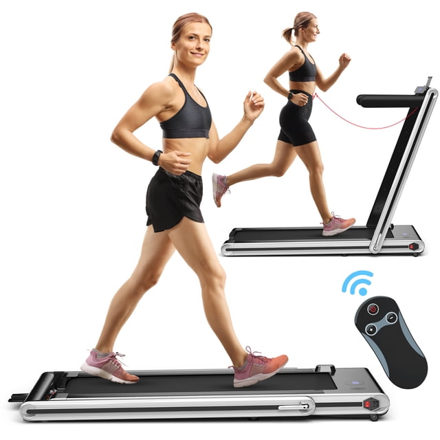 Costway 2-in-1 Folding Treadmill 2.25HP Jogging Machine in silver, featuring dual LED displays for tracking time, speed, distance, and calories. The treadmill offers walking speeds of 0.6-2.5 mph and running speeds of 0.6-9 mph. It includes a 5-layer shockproof running belt, Bluetooth connectivity for app control, a phone holder, and a built-in Bluetooth speaker. The foldable design with wheels allows for easy storage and transport. Remote control and safety key included.
