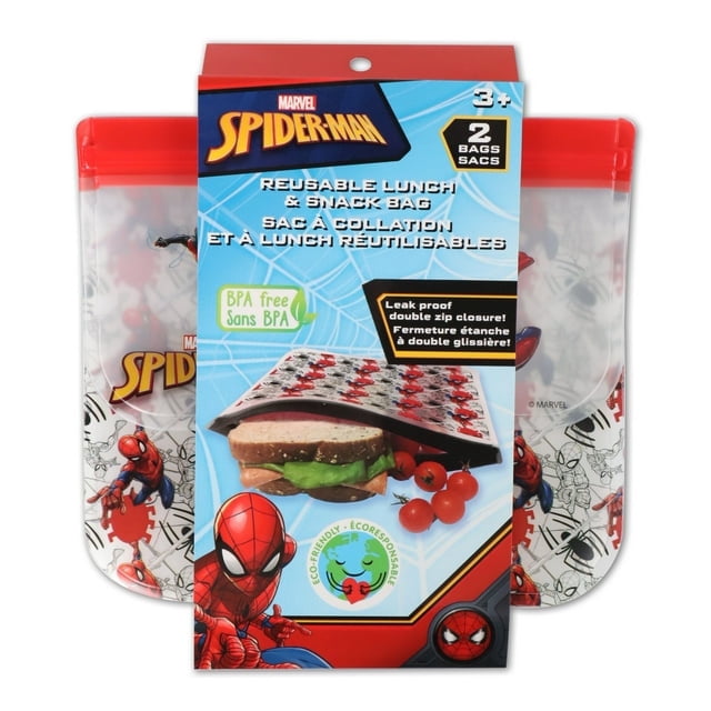Spider-Man PEVA Reusable Snack Bag 2 Pk with two BPA-free, food-grade snack bags featuring bold Spider-Man illustrations. Made from eco-friendly PEVA material, these sandwich bags are compact, lightweight, and perfect for storing snacks, sandwiches, or fruits for school, work, or travel. Includes leak-proof double zip closure for secure storage.