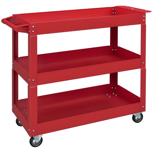 DURHAND 3 Tier Rolling Tool Cart in red, featuring a robust steel construction with three spacious trays for tool storage. The cart has a side handle and four rolling wheels, two of which include brakes for stability. Designed with high edges to prevent items from falling, it is suitable for garages, workshops, and warehouses. Dimensions are 32.7 inches wide, 13.9 inches deep, and 29.9 inches high, with a total weight capacity of 330 lbs.