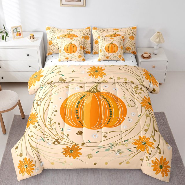 YST Ensemble de Douillette 7 Pcs Imprimé Citrouille, Ensembles de Literie Citrouille d'Automne, Format Double