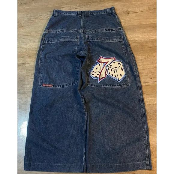 Numéro 7 dés Mode Urbaine JNCO Jeans Y2K Hip-Hop Graphique Brodé Rétro Bleu Jeans Amples Hommes Femmes Taille Haute Pantalon Grand