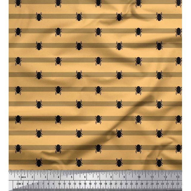 Soimoi Orange Poly Georgette Fabric Stripe & Beetles Insects Decor Fabric Printed Yard 42 Inch Wide