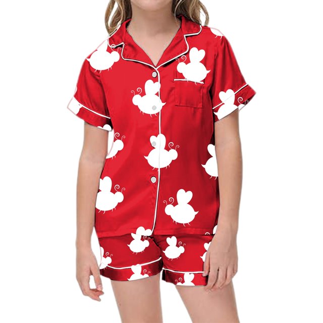 Pyjama Ado Fille Enfant Filles Ensemble de Pyjama Classique en Satin Imprimé Abeille Dessin Animé Haut à Manches Courtes et Short Tenue Pyjama Bébé Rouge 2 Ans-3 Ans