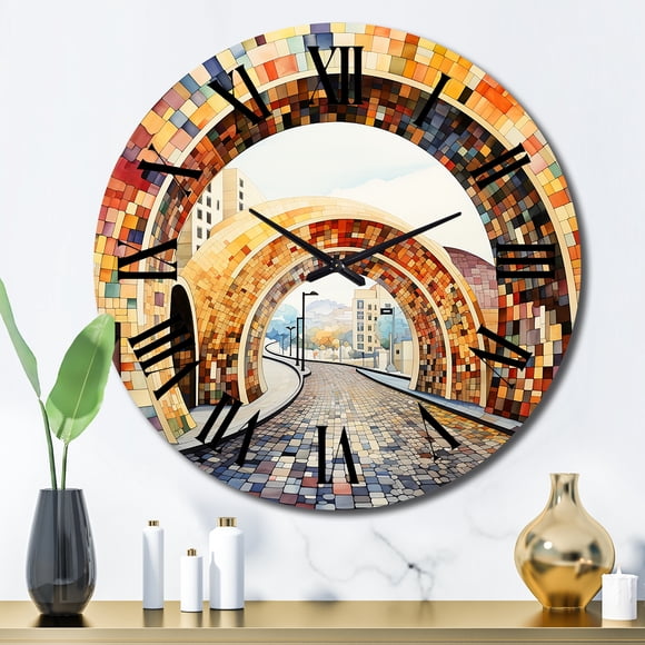 Designart Horloge Murale Surdimensionnée "Orange Bridge Dynamic Archways Painting III" Pointillism