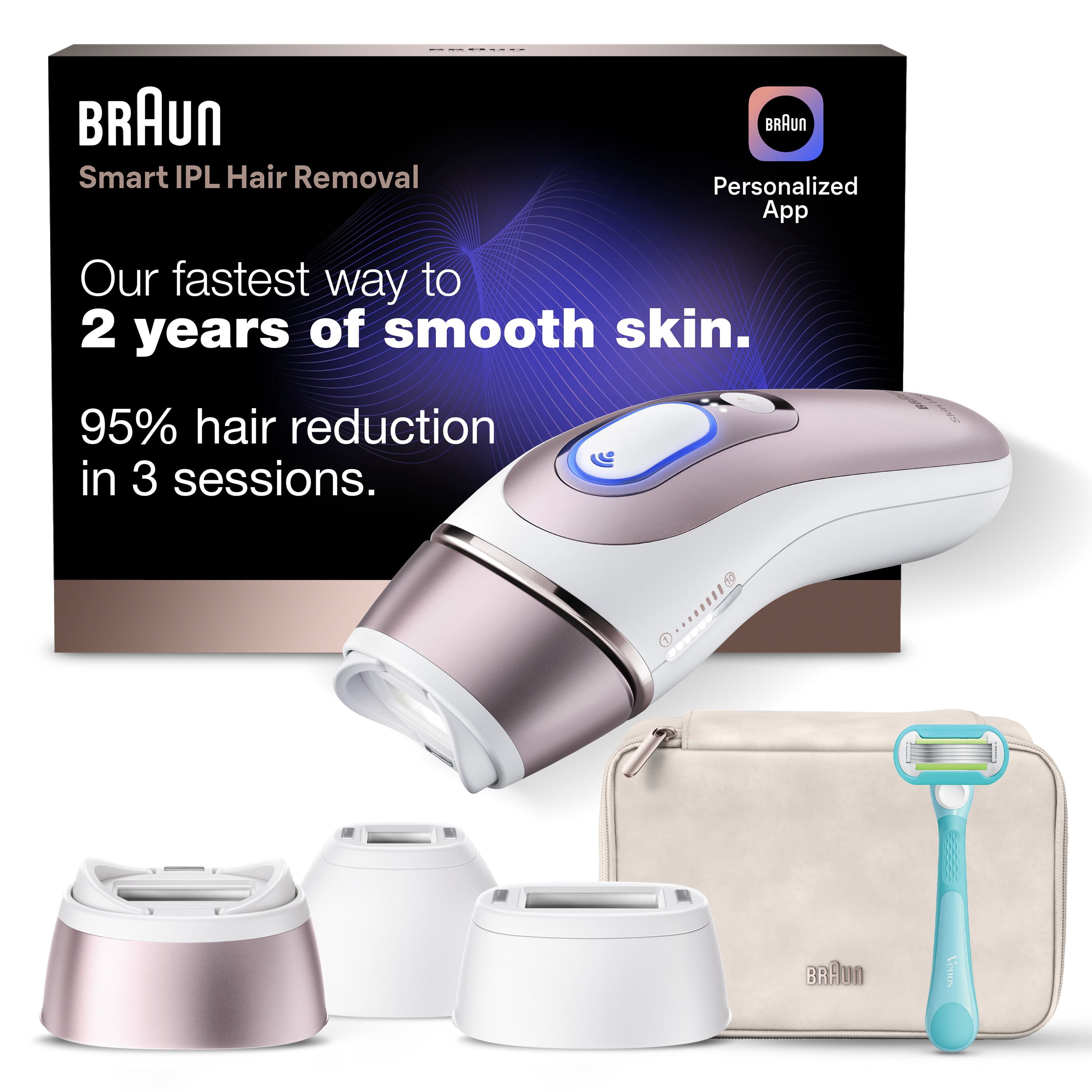 Système d’épilation à domicile Braun Peau i-expert, technologie LIP intelligente, PL7243, pour femmes et hommes, avec application, avec étui haut de gamme, 3 têtes, rasoir Venus