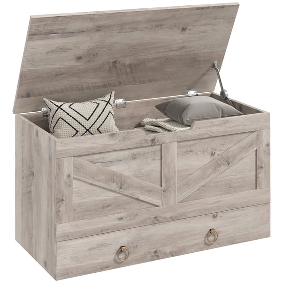 HOMCOM Storage Chest with Drawer for Living Room, Wooden Box, 31.5"W, Grey