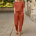 thumbnail image 2 of Mikilon Ensemble Élégant pour Femmes 2 Pcs Mode Col Rond Manches Courtes Haut Pantalon Long Ensemble Décontracté Mode Col Rond Manches Courtes Hauts Pantalons Ensemble Décontracté Rouge 4TG, 2 of 6