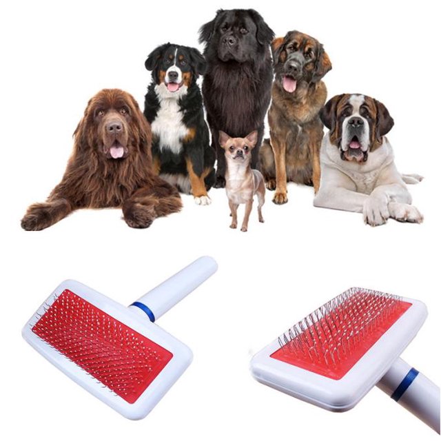 Agiferg Pet Dog Cat Shedding Grooming Anti-Static Hair Fur Brush Needle Comb Rake Tool with a white plastic handle and red comb base featuring fine metal needles. Ideal for dog grooming, it removes loose and shedding pet hair while providing gentle care. Full length is 13.5cm, comb length is 10cm, and comb width is 5.5cm. Displayed alongside various dog breeds in the background.