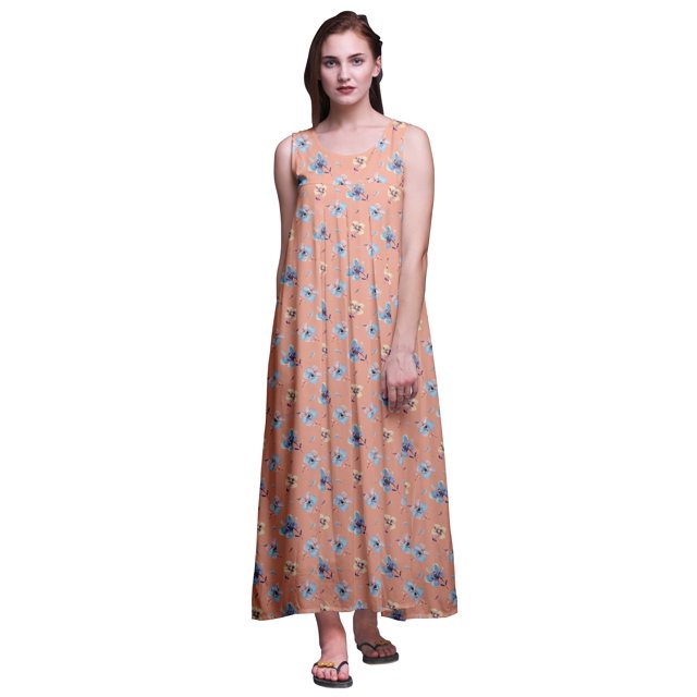 Bimba Rayon Sleeveless Rayon Nightgowns For Women Printed Maxi Length Sleepwear-XS