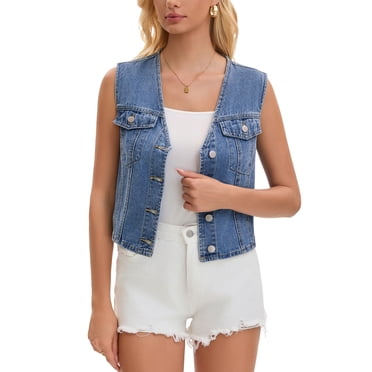 INSPIRE CHIC Women's Cropped Denim Vest V Neck Western Button Up Sleeveless Jean Waistcoat Jacket S Light Blue