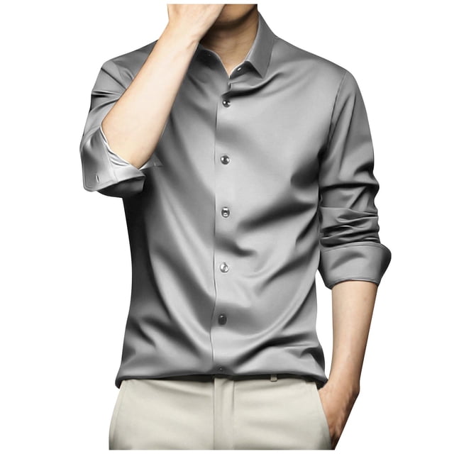 RXIRUCGD Chemise à Manches Longues pour Hommes Col Rabattu Couleur Unie Bouton Imitation Soie, Gris, Taille : 2TG