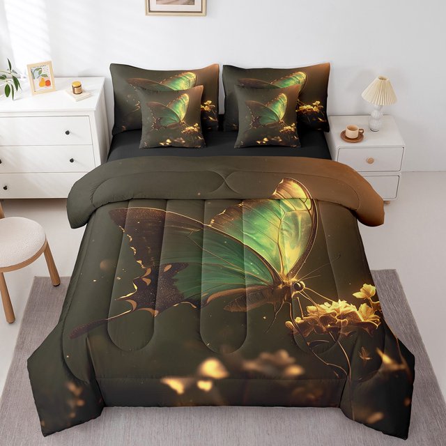 YST Green Butterfly Comforter Set, 7-Piece, Wild Animal Theme, King Size