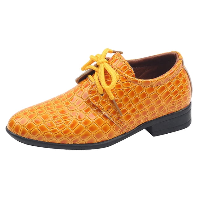 GPOECD Pattern Pointed Toe Low Heel Lace Up Boys Dress Shoes for Dance and Performance Comfortable Classic Style 01_Yellow,32