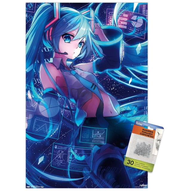 Hatsune Miku - Affiche Murale d'Écrans, 22,375 Pouces x 34 Pouces Mettant en Vedette une illustration d'Anime Numérique d'Hatsune Miku avec de Longues Queues Jumelles turquoise et une Tenue Futuriste avec Haut Sans Manches, Cravate et Manches de Bras. l'Arrière-plan Sombre Affiche des Écrans Numériques Bleu Lumineux et des Graphiques de Données, Créant une Oeuvre Murale à Thème Cyber Imprimée sur Papier d'Affiche Lustré, Convient aux Chambres, Bureaux