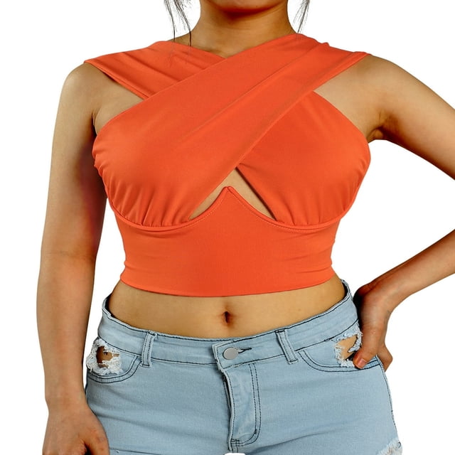 Femmes Croisé Débardeurs Sans Manches de Couleur Unie Découpe Crop Tops