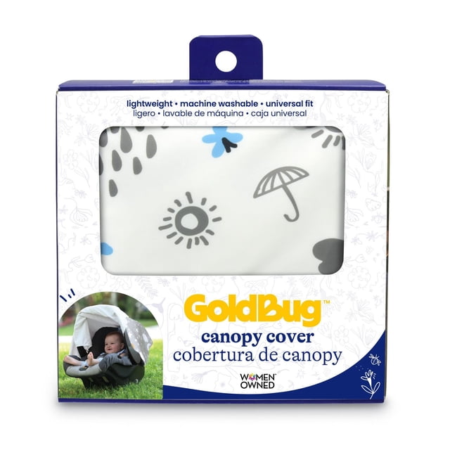 Goldbug Housse de Toit - Housse de Siège d'Auto pour Bébé Nuage en Emballage de Vente au Détail avec Tissu Blanc, Nuages Gris et Bleus, Soleil, Parapluie et Gouttes de Pluie, Légère, Lavable à la machine et Conçue pour un Ajustement Universel pour Protéger les Bébés du Soleil et du Vent.