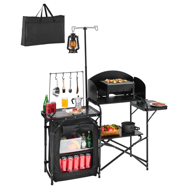 VEVOR Camping Kitchen Table Portable Outdoor Cook Station with black aluminum countertop, steel frame, and three-sided windscreen for effective cooking outdoors. Includes storage compartments, hooks for utensils, and a lamp stand. Ideal for camping furniture setups, picnics, and RV adventures. Features foldable design and comes with a portable storage bag.