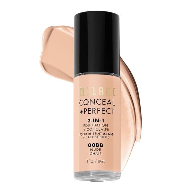 Milani Conceal + Perfect 2-in-1 Foundation + Concealer in shade 00BB Nude Chair, shown in a clear bottle with a black cap, positioned in front of a smooth swatch of beige liquid foundation on a white background, suitable for medium to full coverage with a natural matte finish.