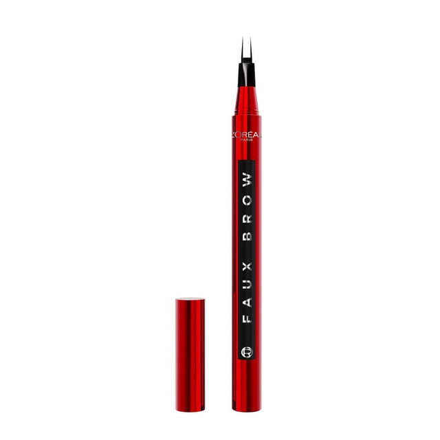 Eyebrow Pen Infallible Faux Brow by L'Oréal Paris with red metallic body and cap removed, featuring a precise double-brush tip for natural, hair-like strokes that create long-lasting, waterproof, and defined brows.