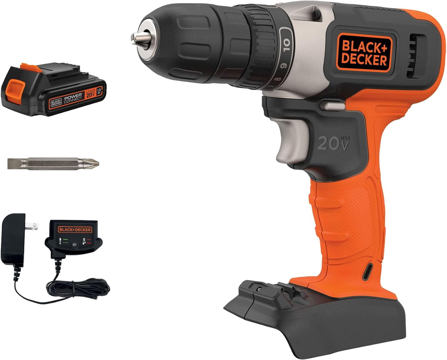 BLACK+DECKER Beyond 20V MAX Lithium-Ion Cordless Drill (BCD702C1AEV) – 0-1500 RPM Variable Speed, 24-Position Clutch, Keyless Chuck, Ergonomic Handle – Silver/Black/Orange, Ideal for DIY &