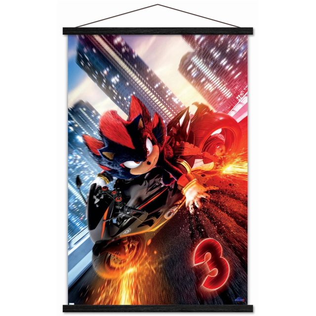 Sonic the Hedgehog 3 - Affiche Murale d'Une Feuille de Moto de l'Ombre, 14,725 Pouces x 22,375 Pouces Encadrée, Représentant Shadow the Hedgehog Chevauchant une Moto Noire avec des Détails orange, des Étincelles Volant du Pneu Arrière dans une Rue de Ville la Nuit avec des Gratte-Ciel Illuminés, un Numéro 3 Rouge Lumineux sur la Route, Idéal pour une Déco Murale Vibrante dans les Chambres Ou les Bureaux.