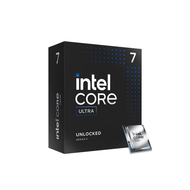 Intel Core Ultra 7 Processor 265K with 20 Cores and Up to 5.5 GHz Turbo Frequency centered close-up of the CPU package with integrated heat spreader; 20 cores (8P+12E), up to 5.5 GHz turbo, 30MB L3 cache, LGA 1851 socket compatibility, 125W base power, integrated Intel Xe graphics, AVX2, Deep Learning Boost, Smart Cache and Quick Sync Video support; often used in desktop workstations for media encoding or model prototyping.